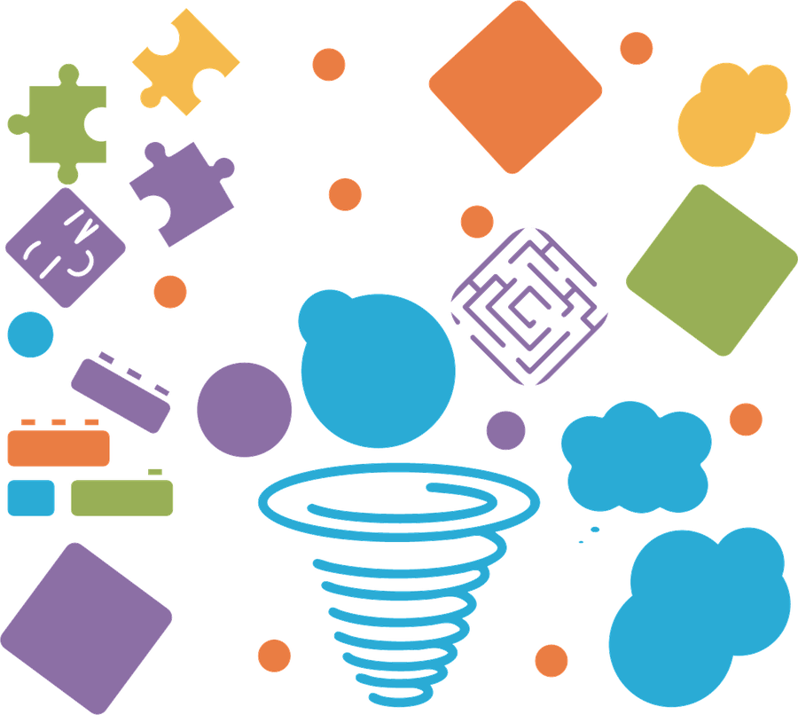 Puzzle pieces, building blocks, a maze and other playful shapes